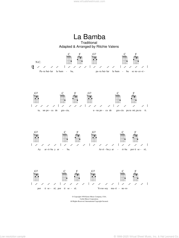 La Bamba sheet music for ukulele (chords) by Los Lobos and Ritchie Valens, intermediate skill level