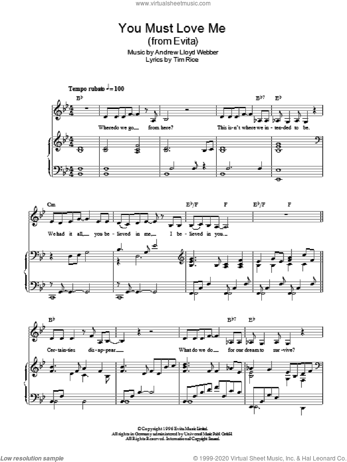 You Must Love Me sheet music for voice, piano or guitar by Andrew Lloyd Webber, Madonna and Tim Rice, intermediate skill level