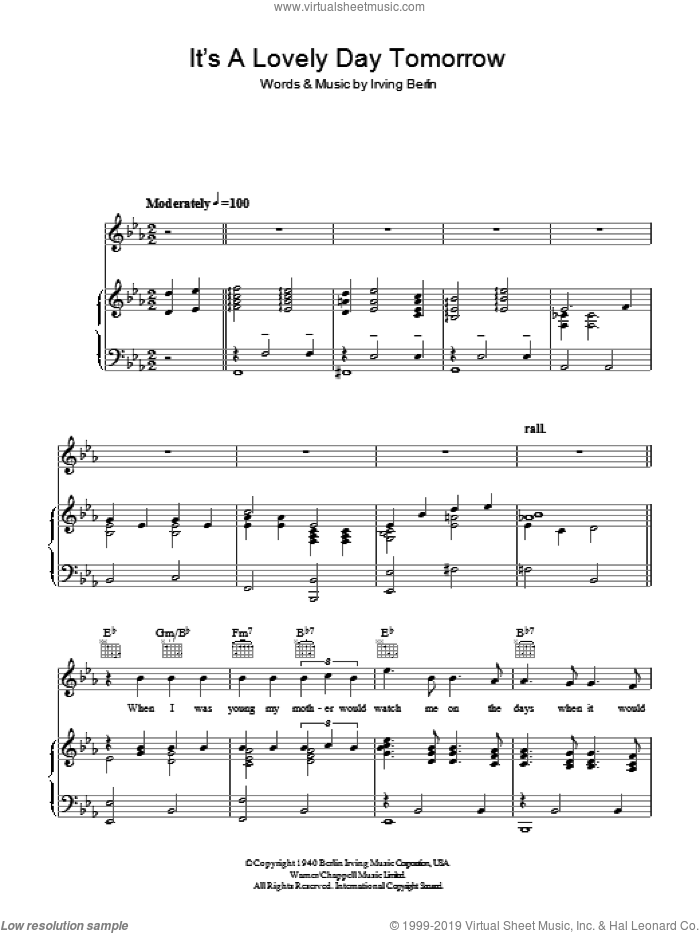 It's A Lovely Day Tomorrow sheet music for voice, piano or guitar by Irving Berlin, intermediate skill level