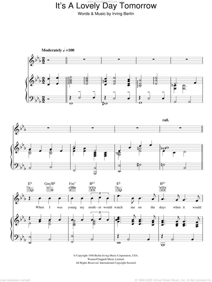 It's A Lovely Day Tomorrow sheet music for voice, piano or guitar by Irving Berlin, intermediate skill level