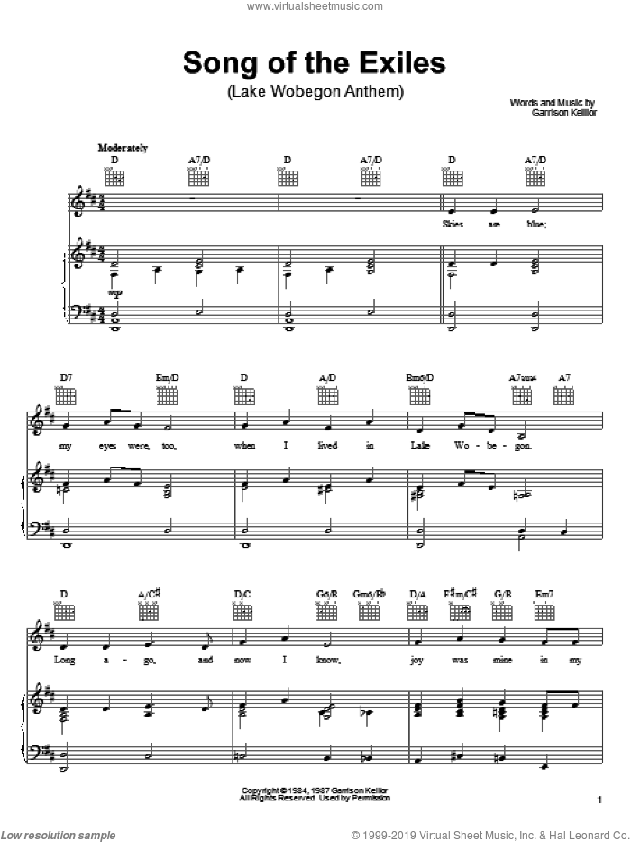 Song Of The Exiles sheet music for voice, piano or guitar by Garrison Keillor, intermediate skill level