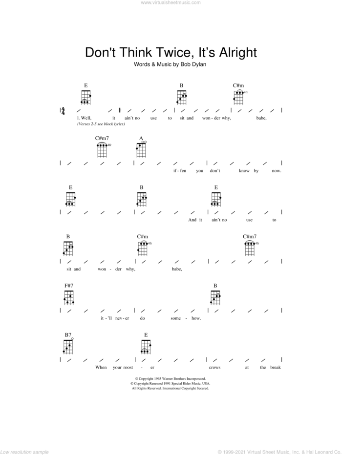 Don't Think Twice, It's All Right sheet music for ukulele (chords) by Bob Dylan, intermediate skill level