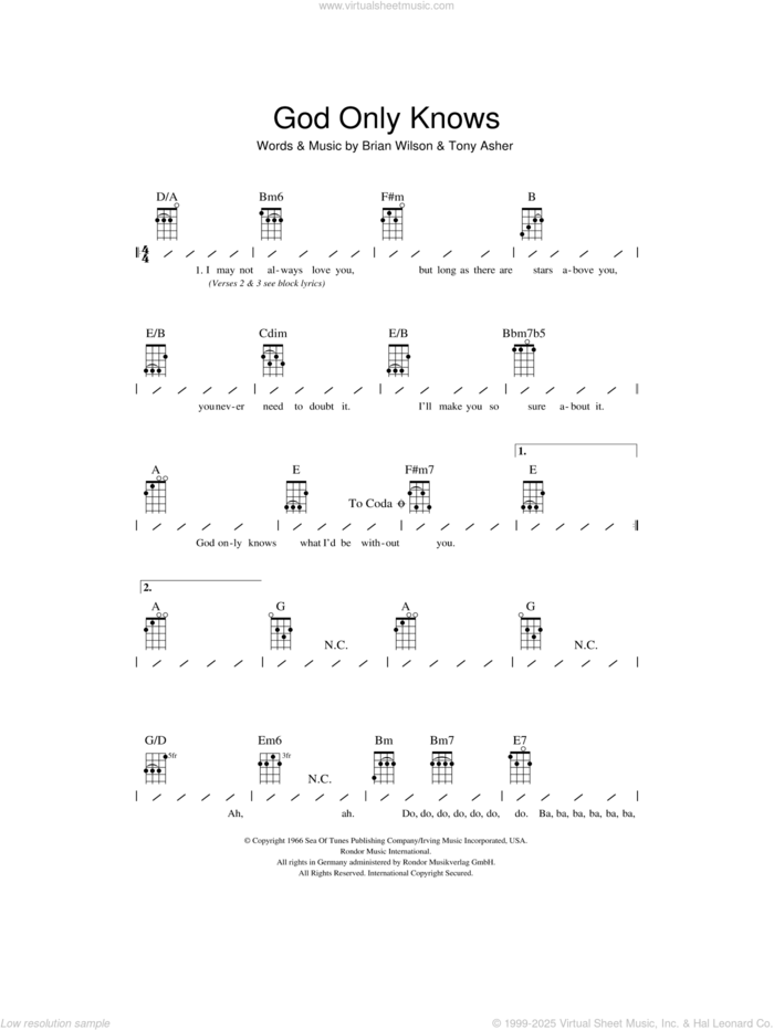 God Only Knows sheet music for ukulele (chords) by The Beach Boys, Brian Wilson and Tony Asher, intermediate skill level