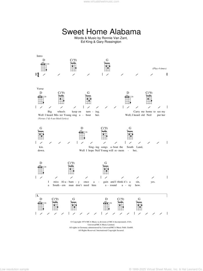 Sweet Home Alabama sheet music for ukulele (chords) by Lynyrd Skynyrd, Edward King, Gary Rossington and Ronnie Van Zant, intermediate skill level