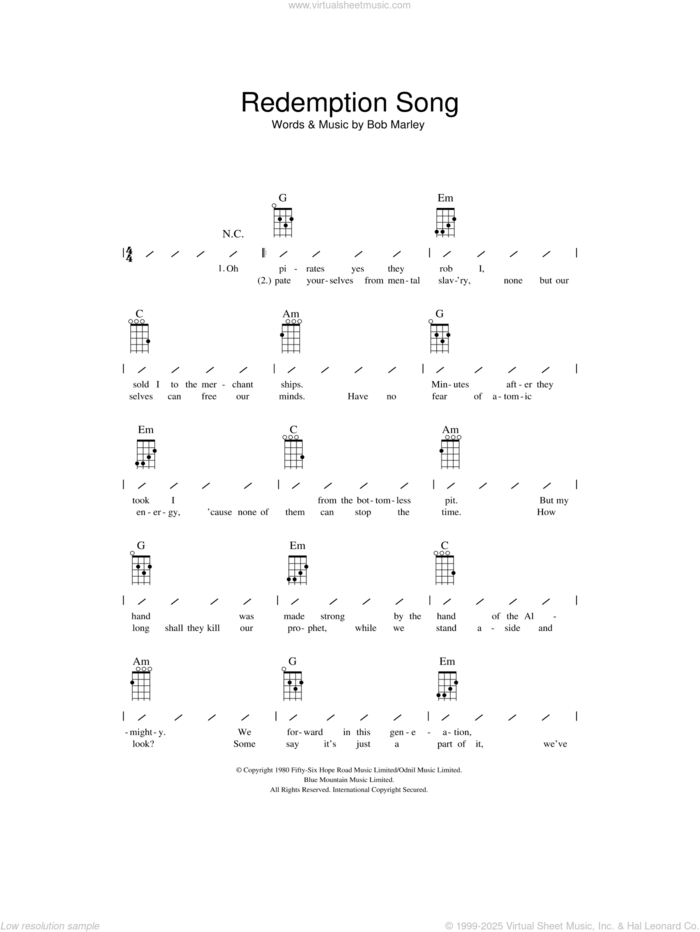 Redemption Song sheet music for ukulele (chords) by Bob Marley, intermediate skill level