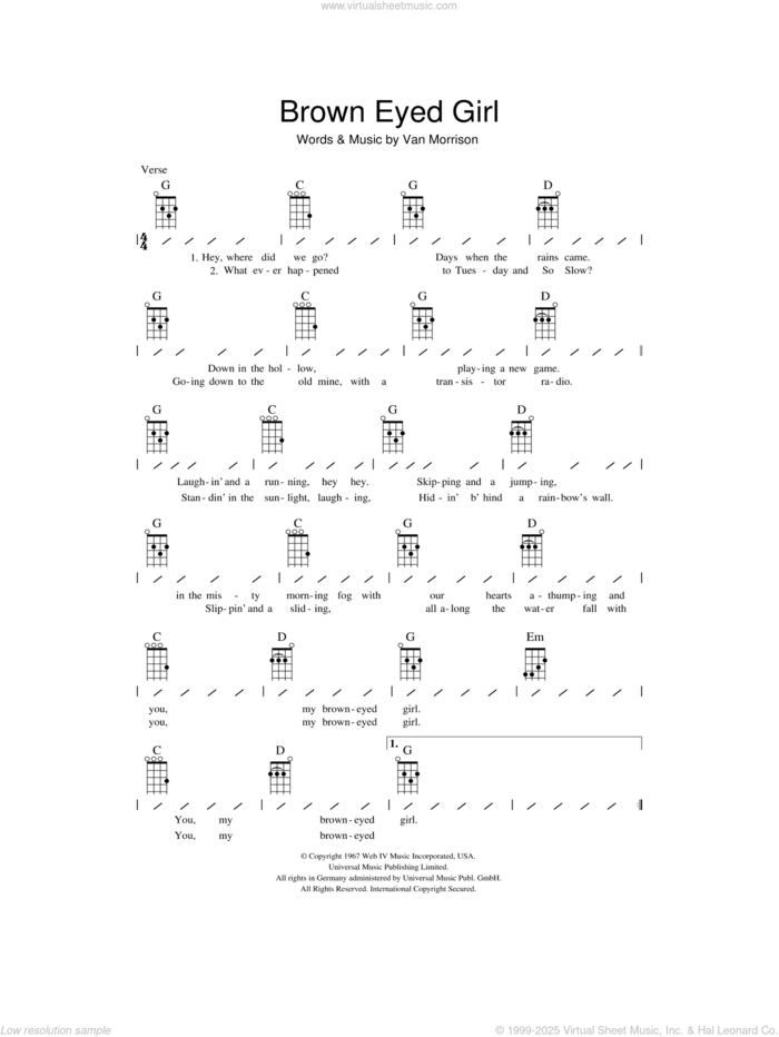 Brown Eyed Girl sheet music for ukulele (chords) by Van Morrison, intermediate skill level