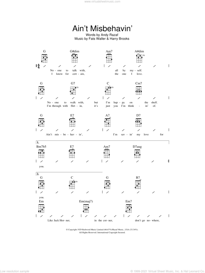 Ain't Misbehavin' sheet music for ukulele (chords) by Andy Razaf, Harry Brooks and Thomas Waller, intermediate skill level