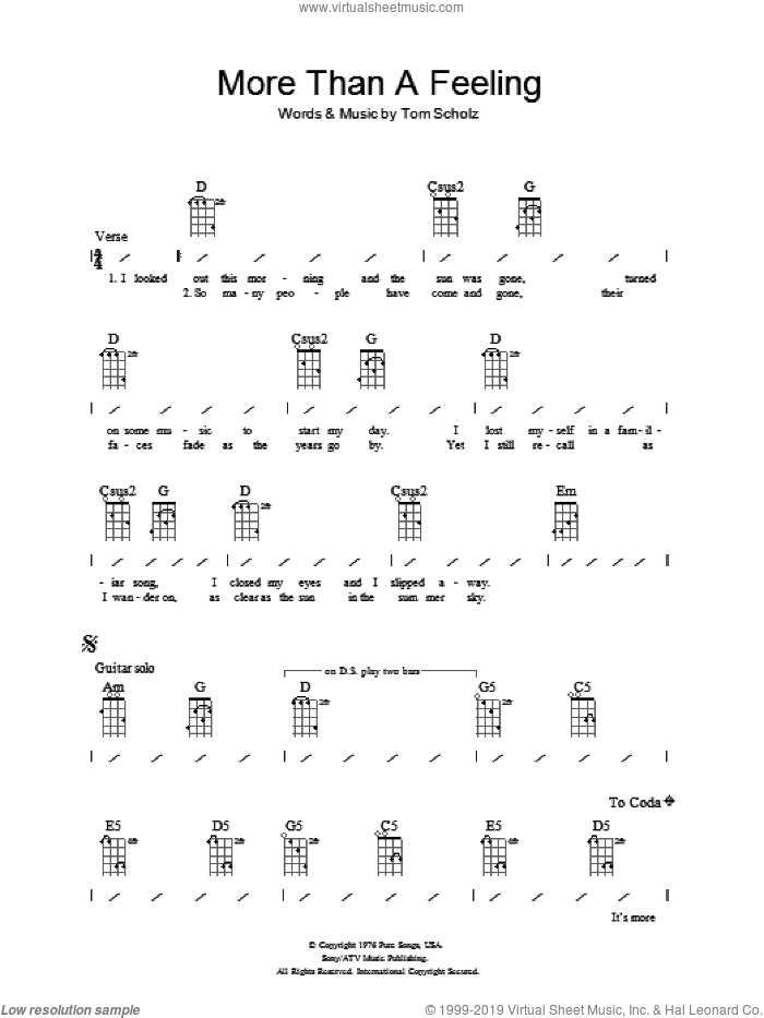 More Than A Feeling sheet music for ukulele (chords) by Boston and Tom Scholz, intermediate skill level