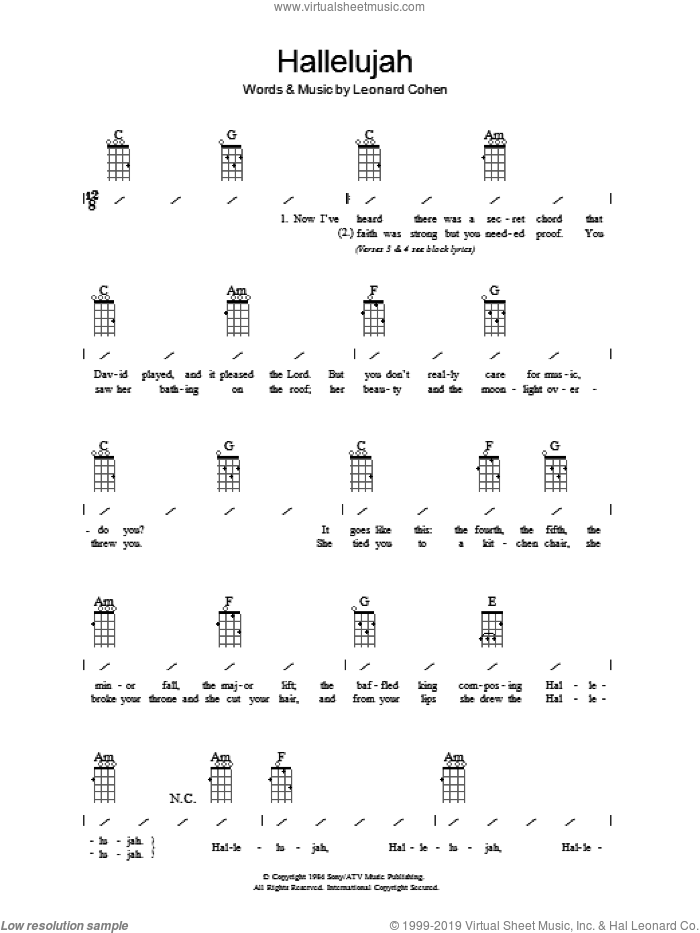 Hallelujah sheet music for ukulele (chords) by Leonard Cohen, Jeff Buckley, John Cale, K.D. Lang and Rufus Wainwright, intermediate skill level