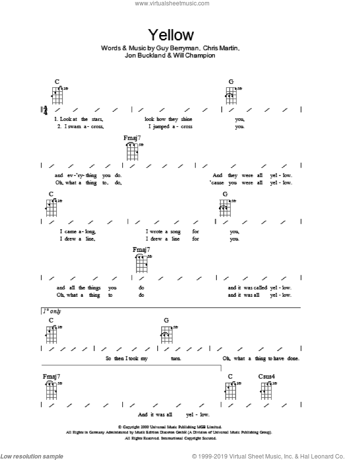 Yellow sheet music for ukulele (chords) by Coldplay, Chris Martin, Guy Berryman, Jon Buckland and Will Champion, intermediate skill level