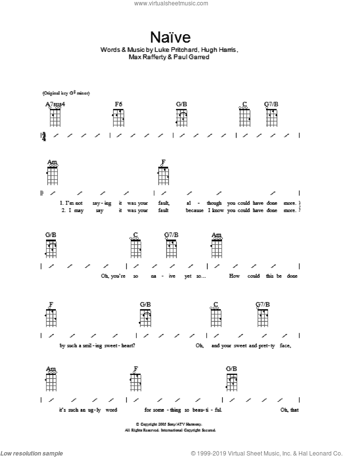 Naive sheet music for ukulele (chords) by The Kooks, Hugh Harris, Luke Pritchard, Max Rafferty and Paul Garred, intermediate skill level