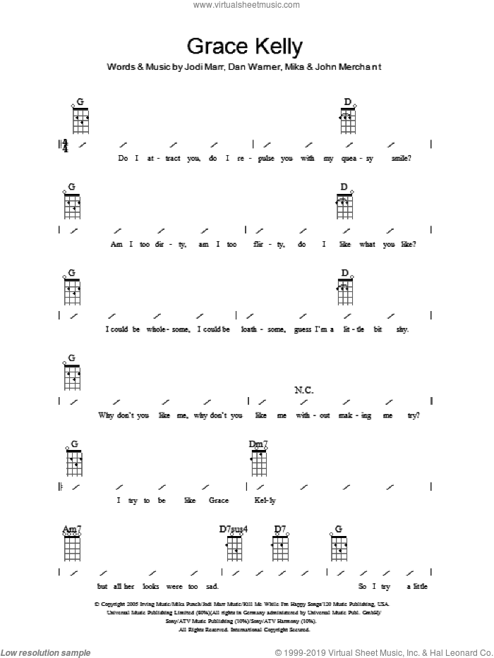 Grace Kelly sheet music for ukulele (chords) by Mika, Dan Warner, Jodi Marr and John Merchant, intermediate skill level