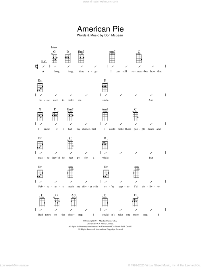 American Pie sheet music for ukulele (chords) by Don McLean, intermediate skill level