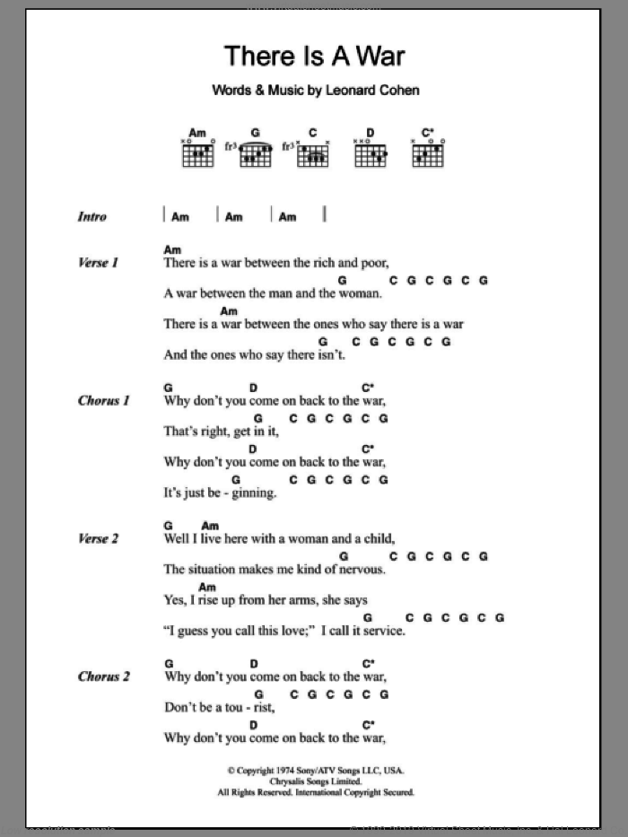 There Is A War sheet music for guitar (chords) by Leonard Cohen, intermediate skill level