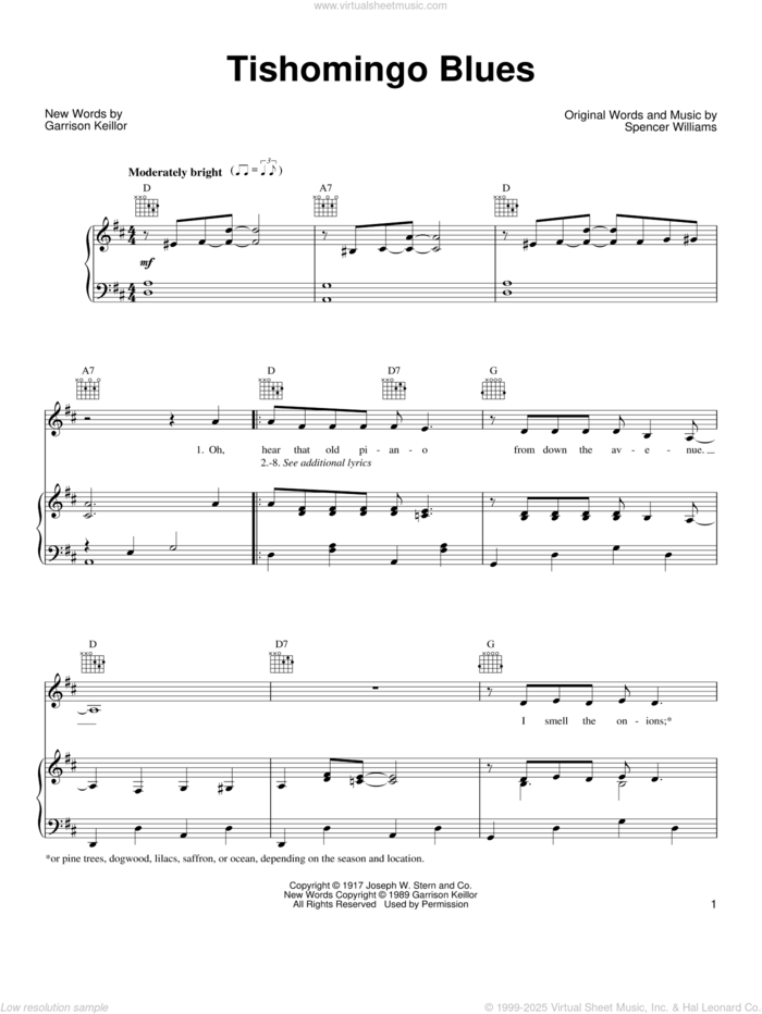 Tishomingo Blues sheet music for voice, piano or guitar by Garrison Keillor and Spencer Williams, intermediate skill level