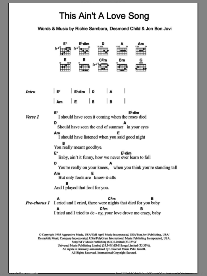 This Ain't A Love Song sheet music for guitar (chords) by Bon Jovi, Desmond Child and Richie Sambora, intermediate skill level