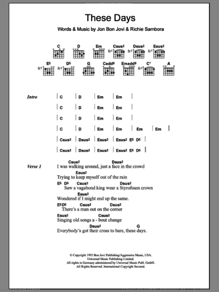 These Days sheet music for guitar (chords) by Bon Jovi and Richie Sambora, intermediate skill level