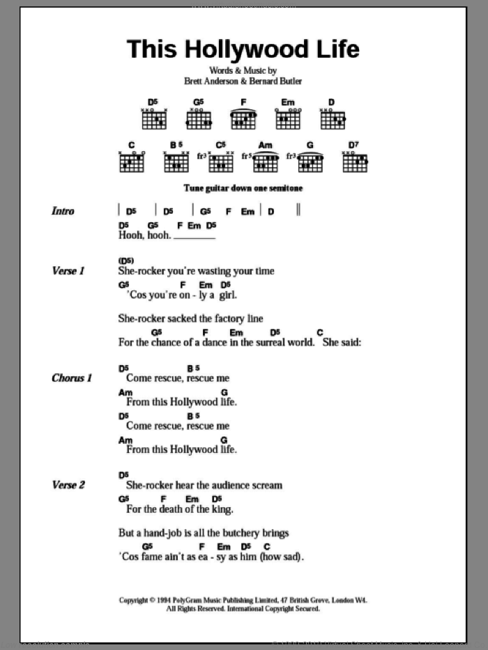 This Hollywood Life sheet music for guitar (chords) by Suede, Bernard Butler and Brett Anderson, intermediate skill level