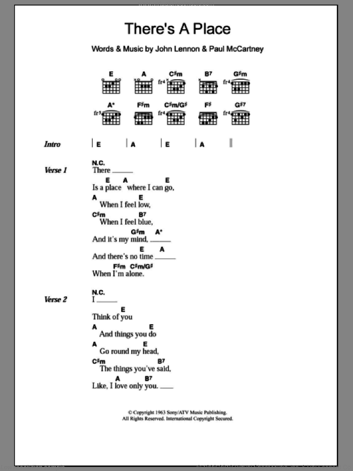 There's A Place sheet music for guitar (chords) by The Beatles, John Lennon and Paul McCartney, intermediate skill level