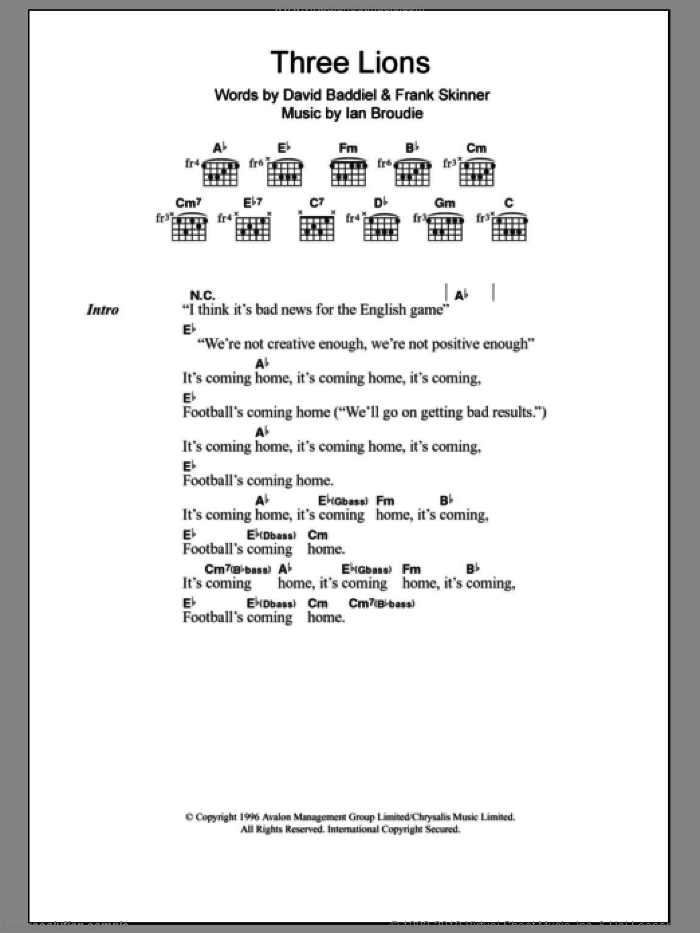 Three Lions sheet music for guitar (chords) by The Lightning Seeds, David Baddiel, Frank Skinner and Ian Broudie, intermediate skill level