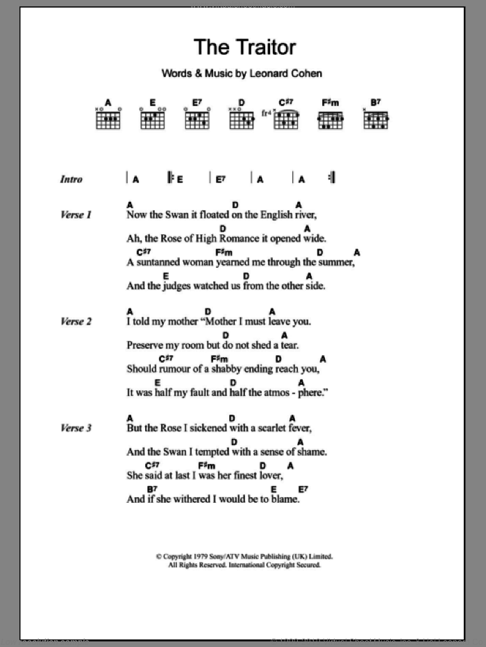 The Traitor sheet music for guitar (chords) by Leonard Cohen, intermediate skill level