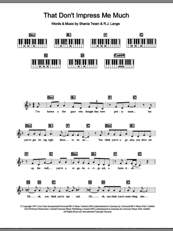 That Don't Impress Me Much sheet music for piano solo (chords, lyrics, melody) by Shania Twain and Robert John Lange, intermediate piano (chords, lyrics, melody)