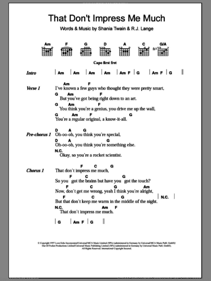 That Don't Impress Me Much sheet music for guitar (chords) by Shania Twain and Robert John Lange, intermediate skill level