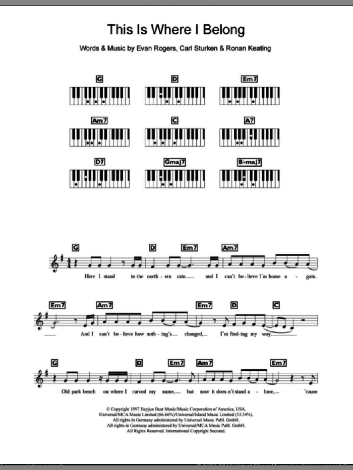 This Is Where I Belong sheet music for piano solo (chords, lyrics, melody) by Boyzone, Carl Sturken, Evan Rogers and Ronan Keating, intermediate piano (chords, lyrics, melody)