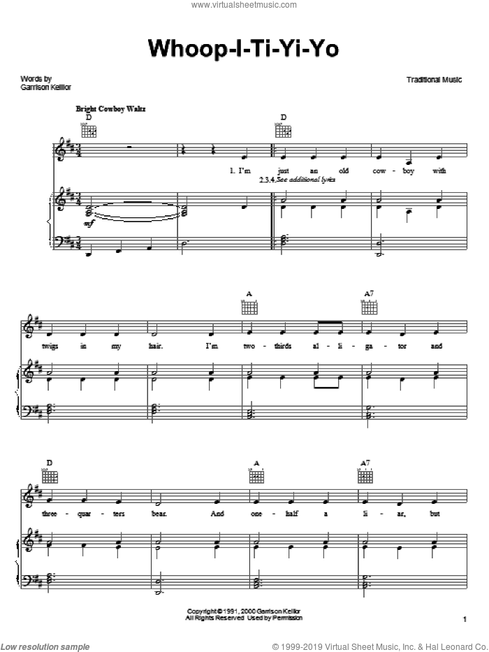Whoop-I-Ti-Yi-Yo sheet music for voice, piano or guitar by Garrison Keillor and Miscellaneous, intermediate skill level