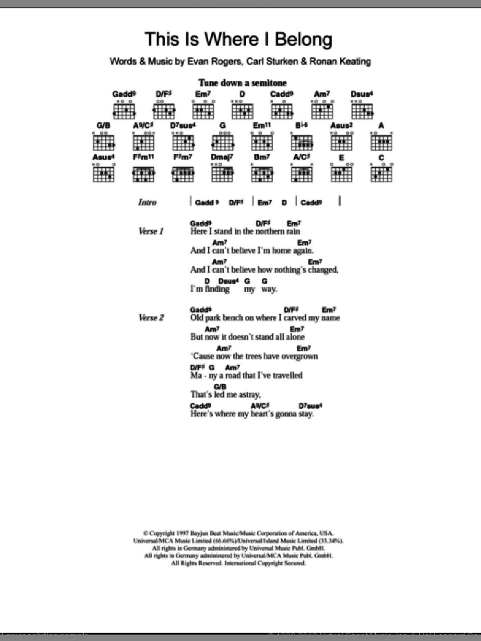 This Is Where I Belong sheet music for guitar (chords) by Boyzone, Carl Sturken, Evan Rogers and Ronan Keating, intermediate skill level