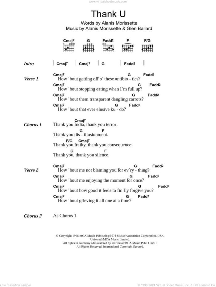 Thank U sheet music for guitar (chords) by Alanis Morissette and Glen Ballard, intermediate skill level