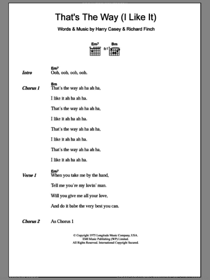 That's The Way (I Like It) sheet music for guitar (chords) by KC & The Sunshine Band, Harry Wayne Casey and Richard Finch, intermediate skill level