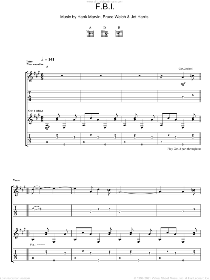 F.B.I. sheet music for guitar (tablature) by The Shadows, Bruce Welch, Hank Marvin and Jet Harris, intermediate skill level