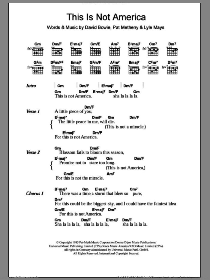 This Is Not America sheet music for guitar (chords) by David Bowie, Lyle Mays and Pat Metheny, intermediate skill level