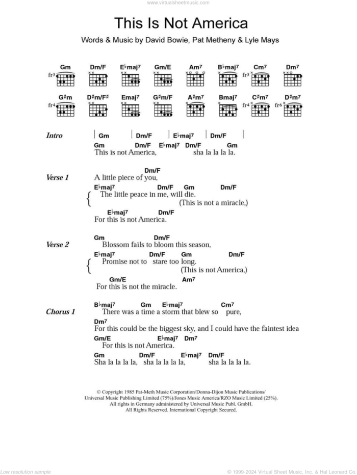 This Is Not America sheet music for guitar (chords) by David Bowie, Lyle Mays and Pat Metheny, intermediate skill level