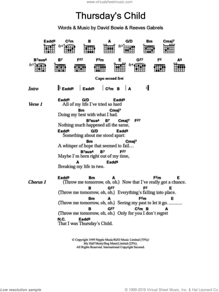Thursday's Child sheet music for guitar (chords) by David Bowie and Reeves Gabrels, intermediate skill level