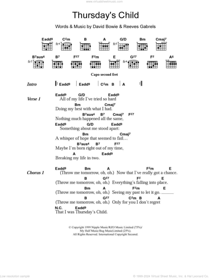 Thursday's Child sheet music for guitar (chords) by David Bowie and Reeves Gabrels, intermediate skill level