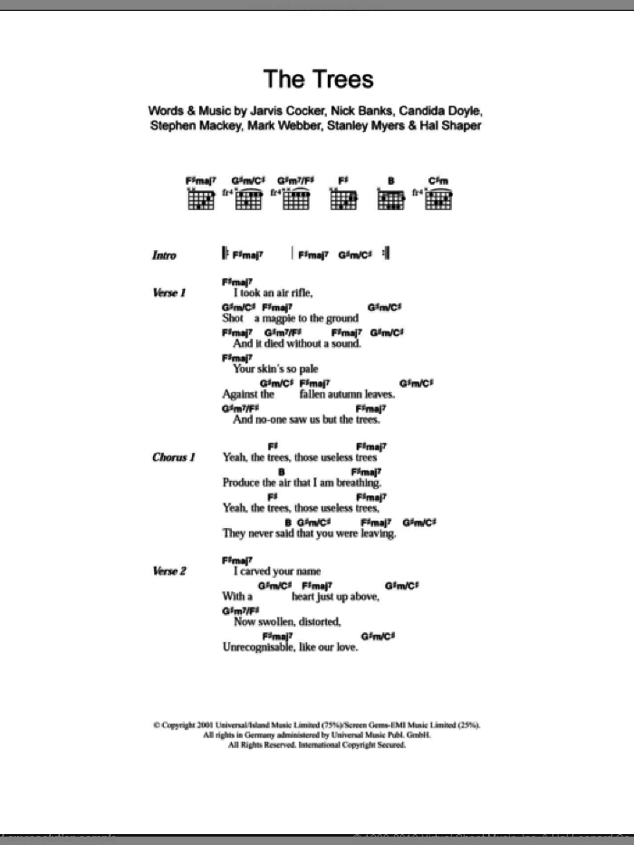 The Trees sheet music for guitar (chords) by Pulp, Candida Doyle, Hal Shaper, Jarvis Cocker, Mark Webber, Nick Banks, Stanley Myers and Stephen Mackey, intermediate skill level