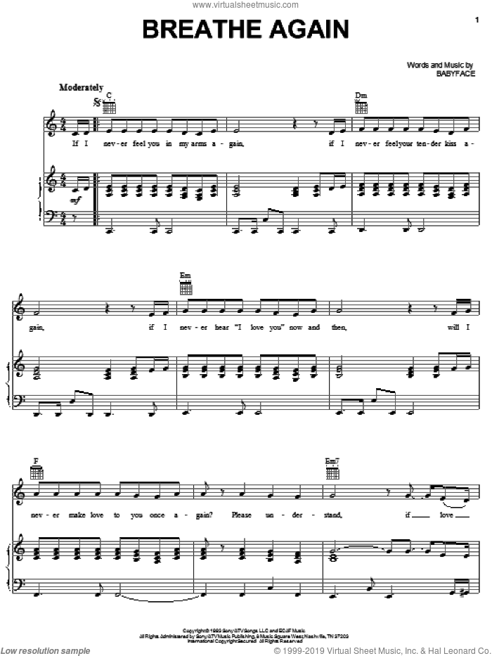 Breathe Again sheet music for voice, piano or guitar by Toni Braxton and Babyface, intermediate skill level