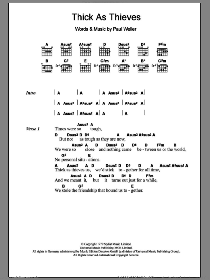 Thick As Thieves sheet music for guitar (chords) by The Jam and Paul Weller, intermediate skill level