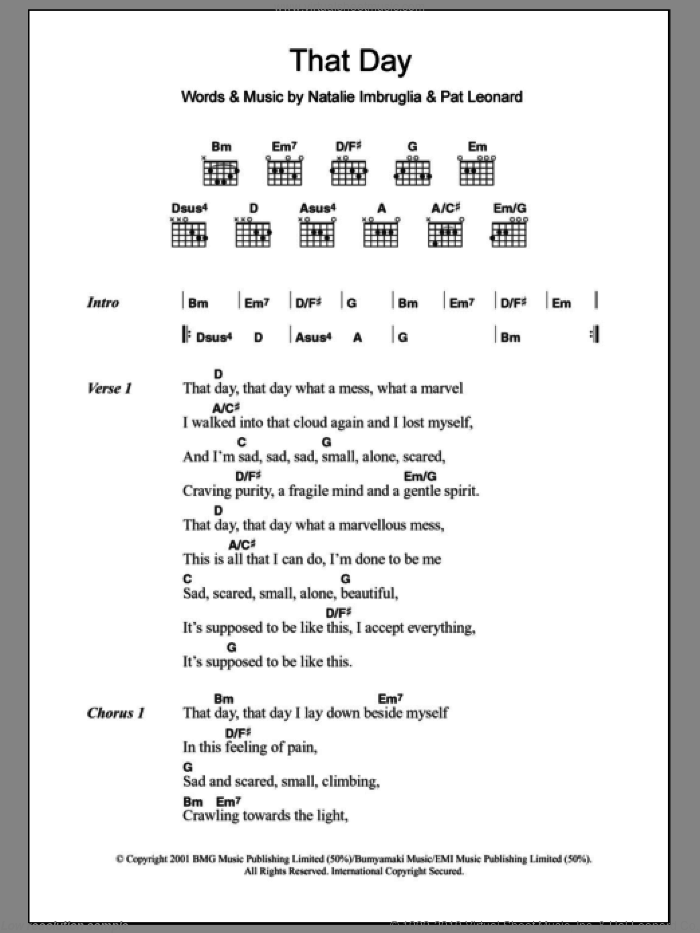 That Day sheet music for guitar (chords) by Natalie Imbruglia and Patrick Leonard, intermediate skill level