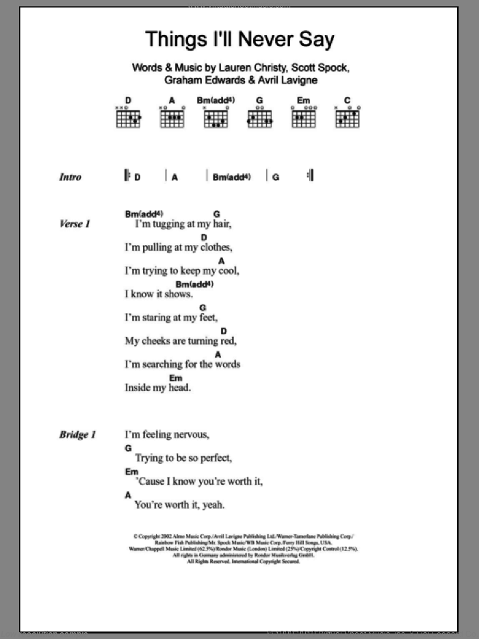 Things I'll Never Say sheet music for guitar (chords) by Avril Lavigne, Graham Edwards, Lauren Christy and Scott Spock, intermediate skill level