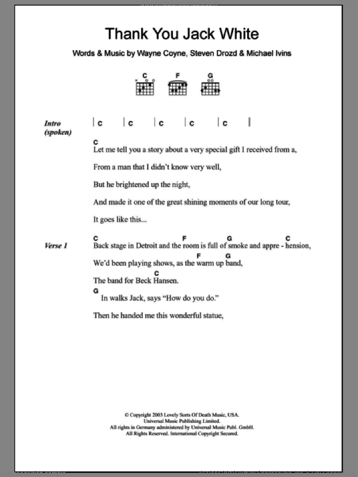 Thank You Jack White sheet music for guitar (chords) by The Flaming Lips, Michael Ivins, Steven Drozd and Wayne Coyne, intermediate skill level