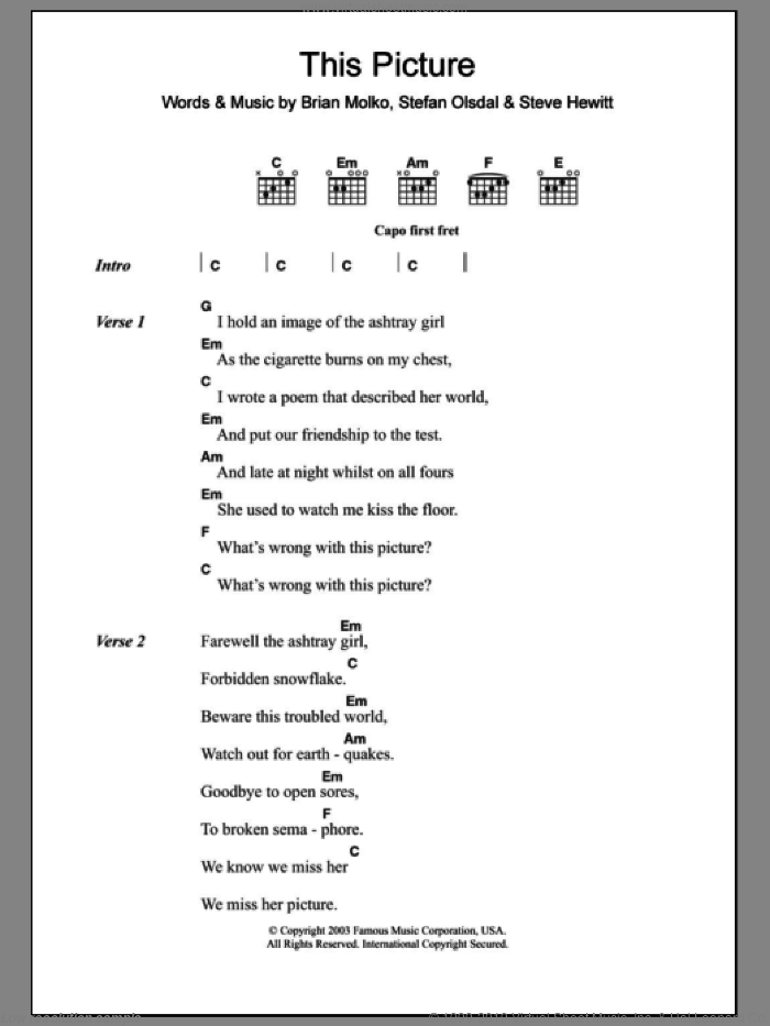 This Picture sheet music for guitar (chords) by Placebo, Brian Molko, Stefan Olsdal and Steve Hewitt, intermediate skill level