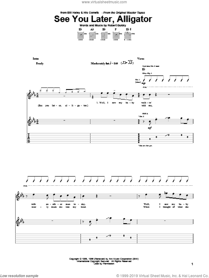 See You Later, Alligator sheet music for guitar (tablature) by Bill Haley & His Comets and Robert Guidry, intermediate skill level