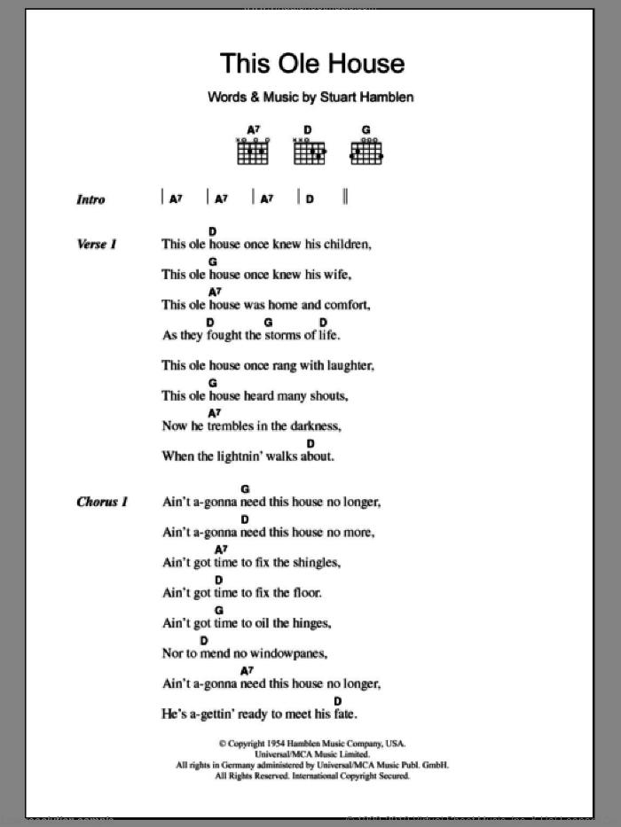 This Ole House sheet music for guitar (chords) by Shakin' Stevens and Stuart Hamblen, intermediate skill level