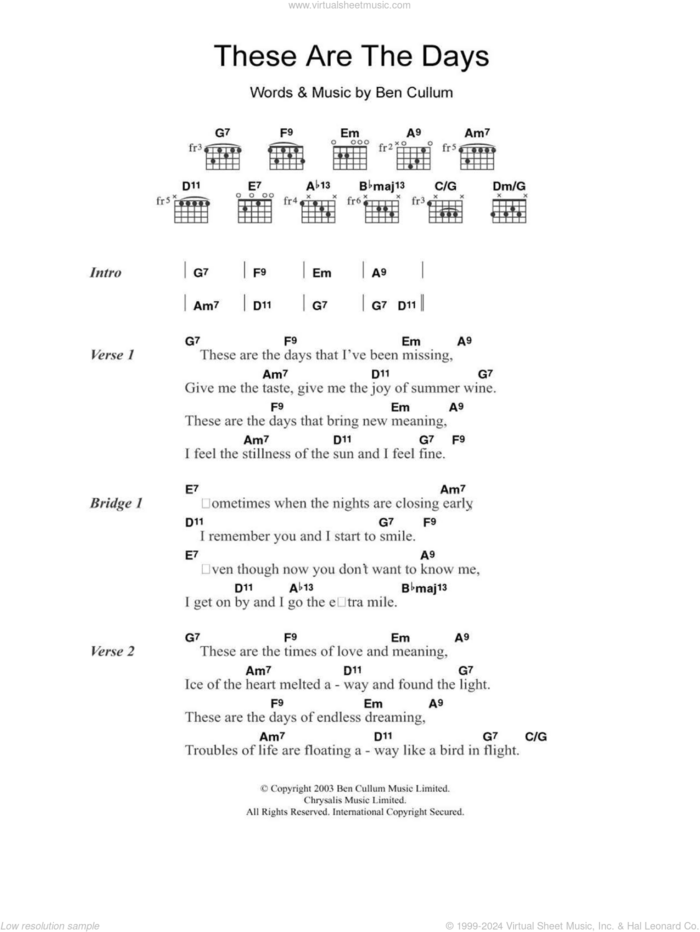 These Are The Days sheet music for guitar (chords) by Jamie Cullum and Ben Cullum, intermediate skill level