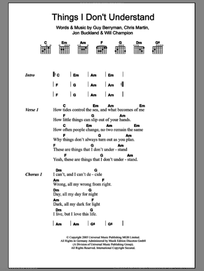 Things I Don't Understand sheet music for guitar (chords) by Coldplay, Chris Martin, Guy Berryman, Jon Buckland and Will Champion, intermediate skill level