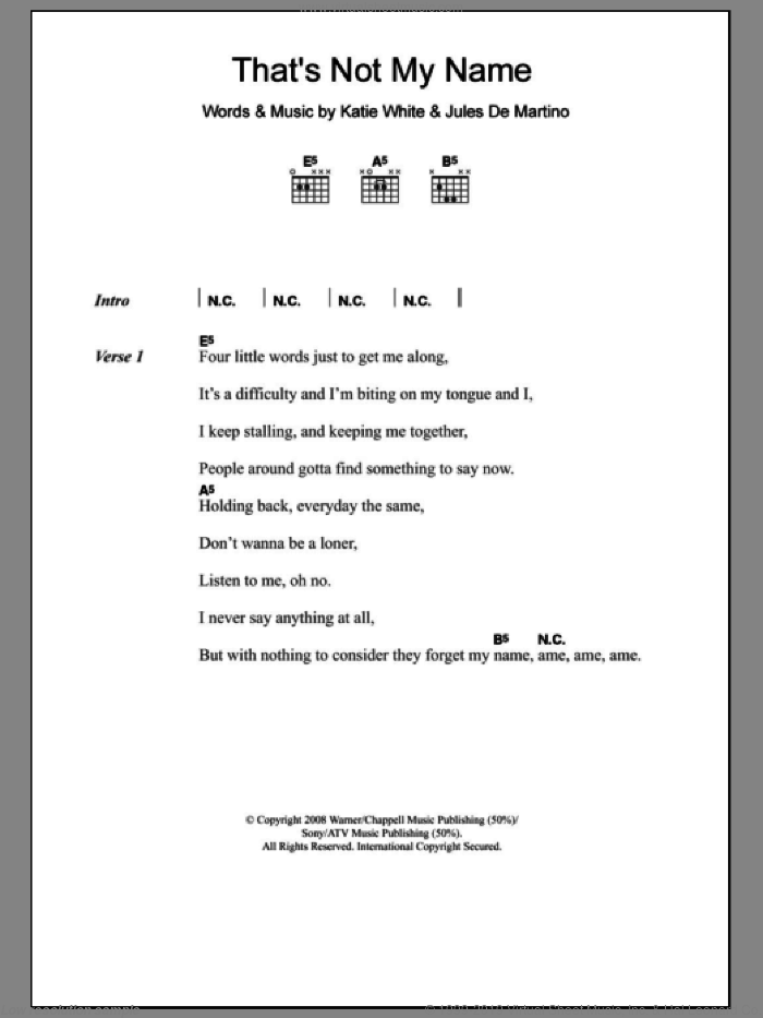 That's Not My Name sheet music for guitar (chords) by The Ting Tings, Jules De Martino and Katie White, intermediate skill level
