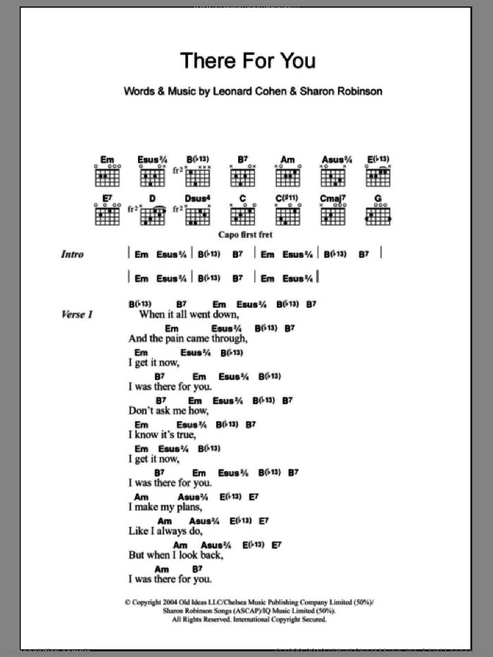 There For You sheet music for guitar (chords) by Leonard Cohen and Sharon Robinson, intermediate skill level